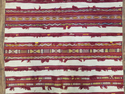 Antique Turkoman Yamud Rug 3x5 ft, 1920s Turkmen Sofreh Table Cover, Bohemian Rug, Tribal Collectible, Striped Rug, Handmade Ivory and Red