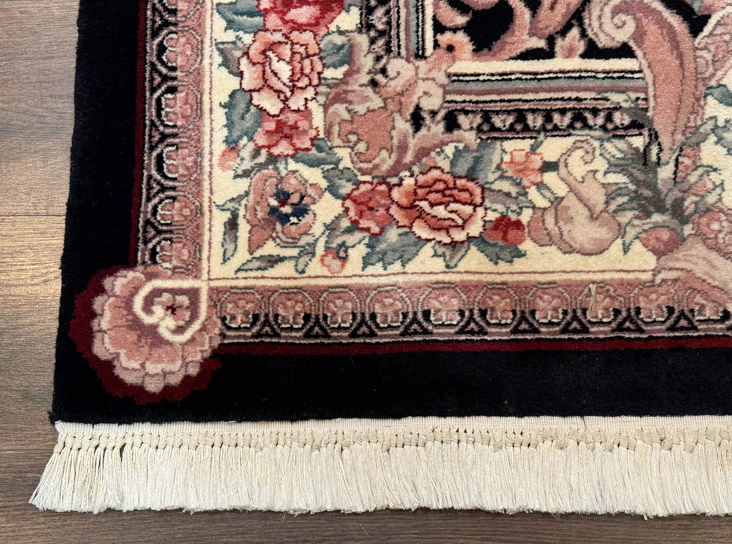 Aubusson Rug 4x6, Elegant European Floral Design, Black and Ivory, Fine 200 KPSI