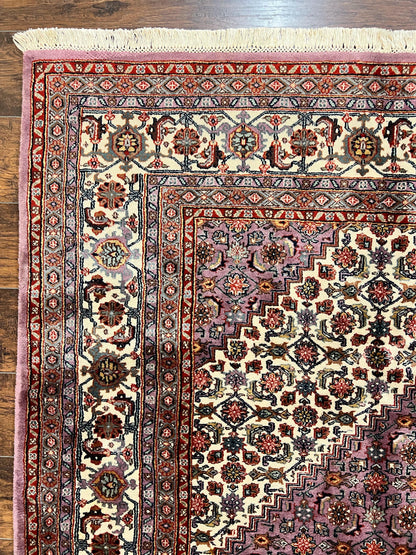 Indo Persian Bidjar Rug 8x10, Purple and Ivory Hand Knotted Wool Vintage Oriental Carpet, Herati Mahi Pattern, 8 x 10 Traditional Fine Rug