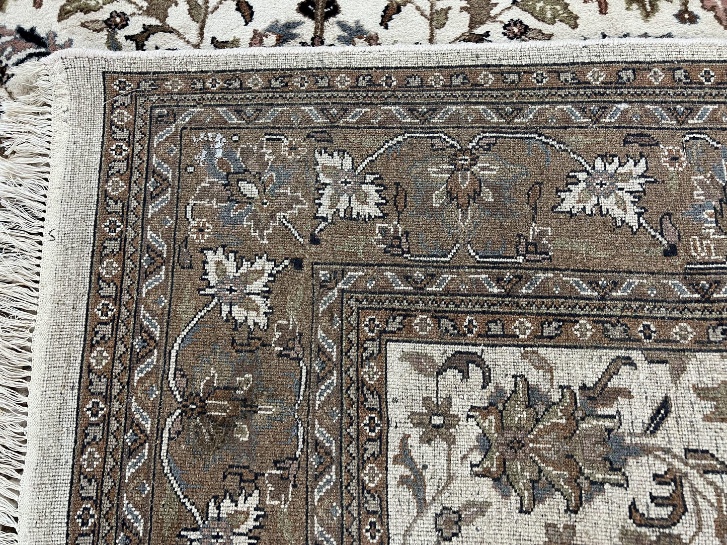 Indo Kirman Rug 8x12 Allover Floral Design, Ivory/Cream Brown, Vintage Handmade Hand Knotted Rug, Traditional Wool Persian Carpet 8 x 12