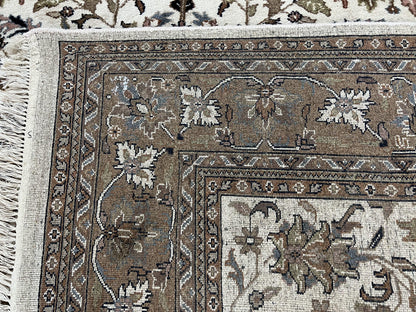 Indo Kirman Rug 8x12 Allover Floral Design, Ivory/Cream Brown, Vintage Handmade Hand Knotted Rug, Traditional Wool Persian Carpet 8 x 12