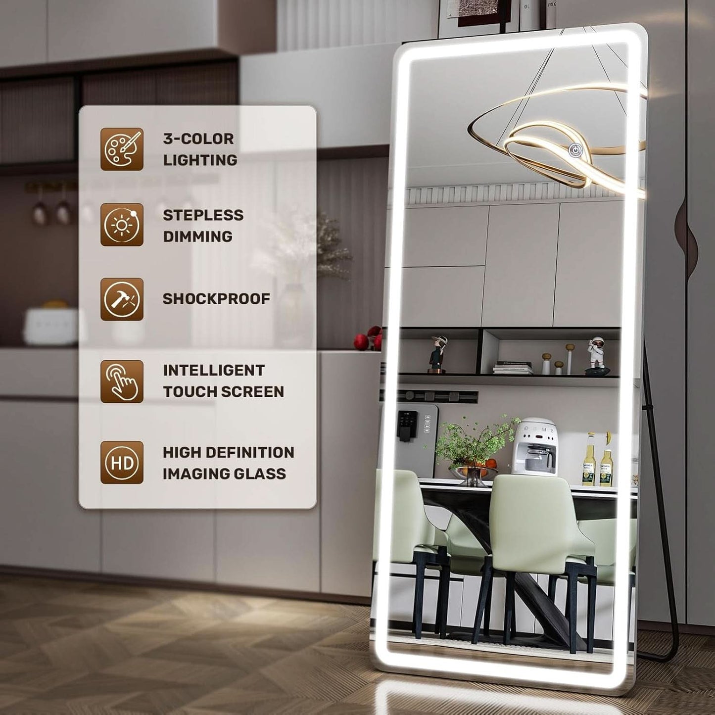 26x68 Inch Full Length Mirror With Lights LED Dimmable 3 Color Floor Standing Or Wall Hanging