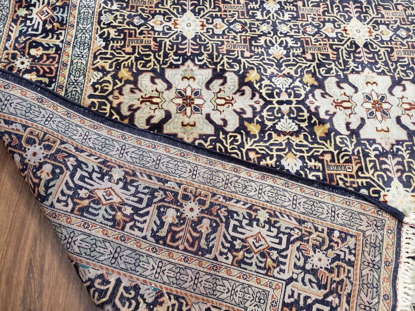 Antique Persian Kashan Rug, Midnight Blue & Ivory, Hand-Knotted, Wool, 4' 8" x 7' 4", Pair B