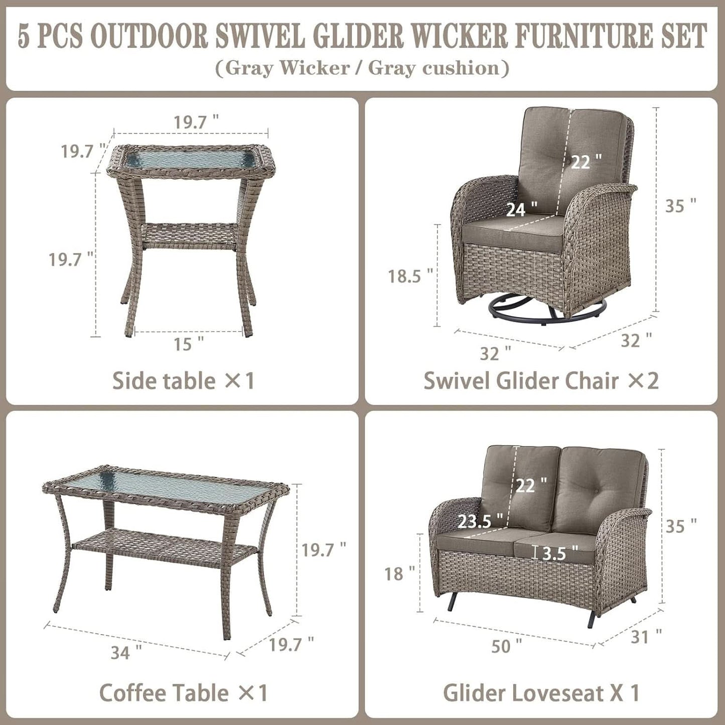 5 Piece Outdoor Patio Set Gray Wicker Swivel Rockers