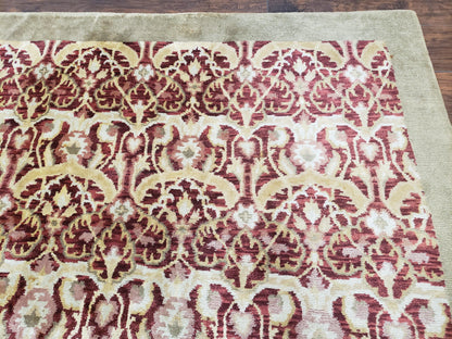 Contemporary Indian Nepalese Room Sized Rug 9 x 11.6, Wool Hand-Knotted Dark Red & Beige Soft Carpet, 9 x 12 Masterloom Living Room Rug