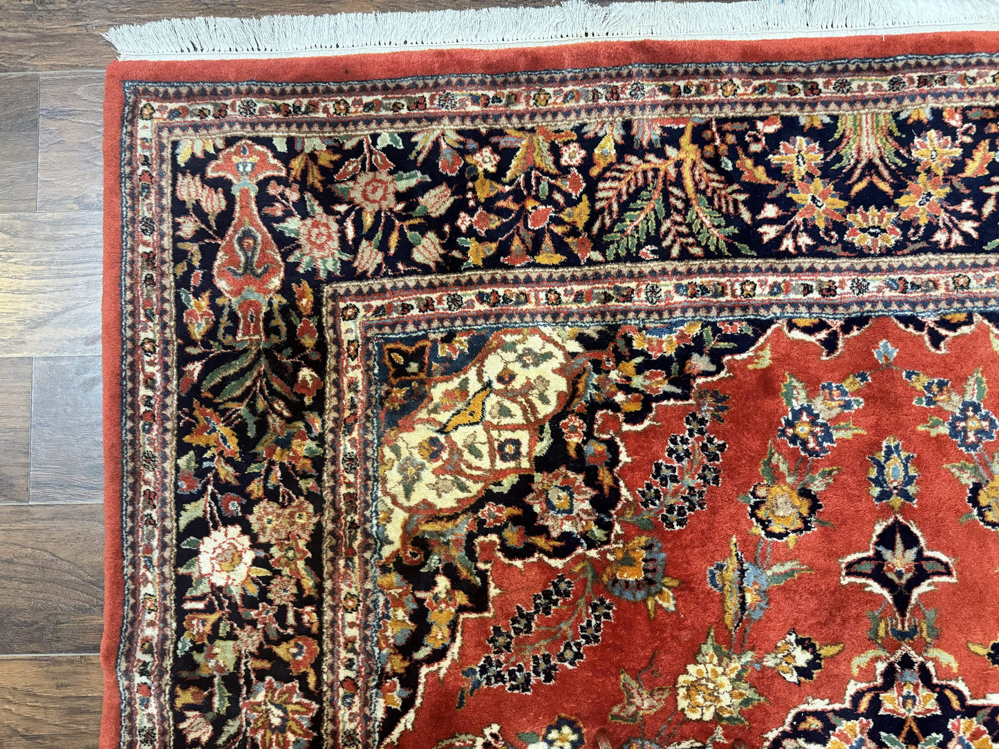 Indo Persian Rug 7x10, Vintage Handmade Wool Carpet, Floral Medallion Traditional Rug, Red and Midnight Blue