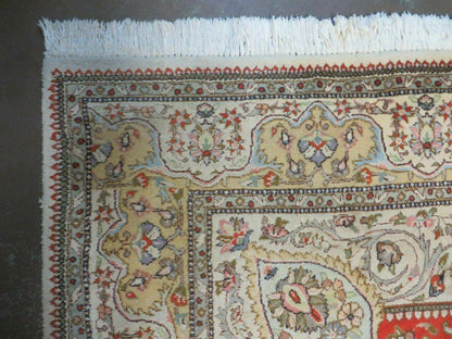 Vintage Persian Tabriz Rug 9x12, Tabatabaie Rug 9x12 Carpet, Handmade Hand Knotted Wool Area Rug, Tomato Red Beige, Medallion Rug, Floral