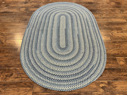 American Oval Braided Rug 5x8 Wool Handmade Vintage Carpet, Multicolor, Blues Gray Cream