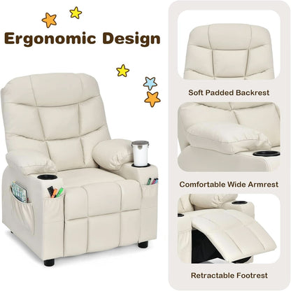Kids Recliner Chair With Cup Holder And Footrest Beige