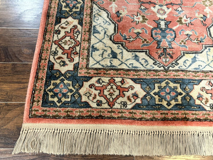 Karastan Rug 4x6 Bergama Design #737, Karastan Area Rug, Vintage Wool Karastan Carpet, Original Collection 700 Series, Salmon Red Light Blue
