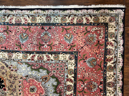 Magnificent Persian Tabriz Rug 11x16, Oversized Persian Carpet 11 x 16 ft, Wool on Silk Finely Hand Knotted, 450 KPSI, Floral Medallion, Black Pink