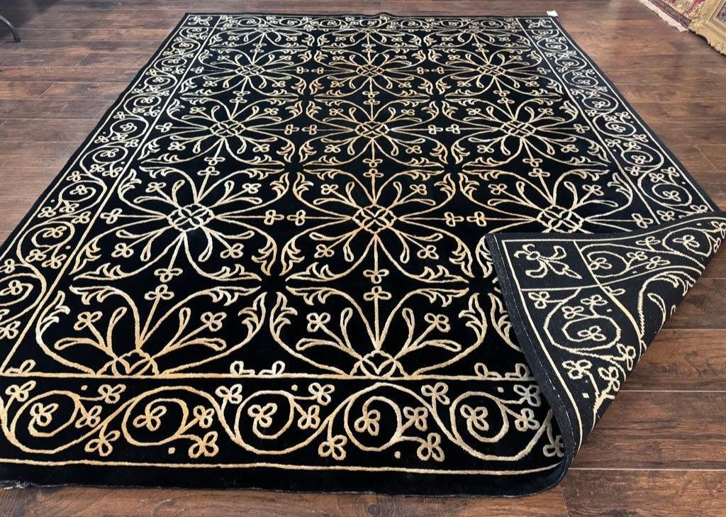 Tibetan Rug 8x10, Wool and Silk, Raised Pattern, Black and Gold, Floral