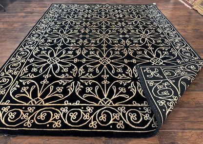 Tibetan Rug 8x10, Wool and Silk, Raised Pattern, Black and Gold, Floral