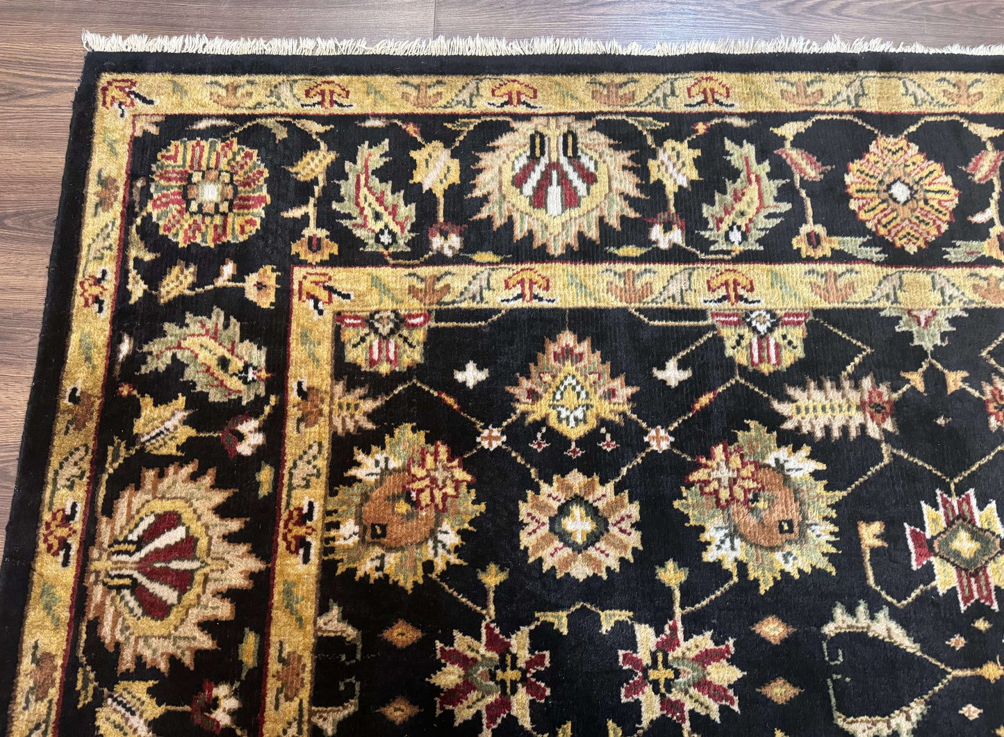 Indo Persian Mahal Rug 8x10, Black and Gold, Wool Hand Knotted Oriental Carpet