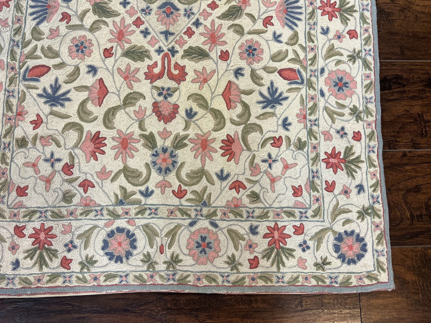 Hand Stitched Indian Rug 4x5, Floral, Vintage Hand Embroidered Rug
