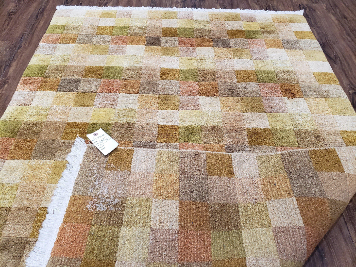 4x6 Tibetan Rug, Modern Abstract Handmade Area Rug, Checkerboard Pattern, Neutral Ivory Gold Tan Colors, Soft Pile, Mid Sized Rug, Nepali