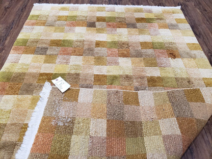 4x6 Tibetan Rug, Modern Abstract Handmade Area Rug, Checkerboard Pattern, Neutral Ivory Gold Tan Colors, Soft Pile, Mid Sized Rug, Nepali