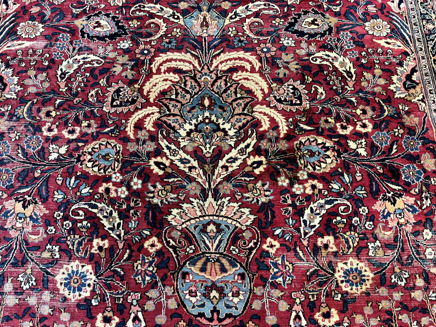 Antique Persian Mashad Rug 10x12, Red and Ivory, Signed by Master Weaver