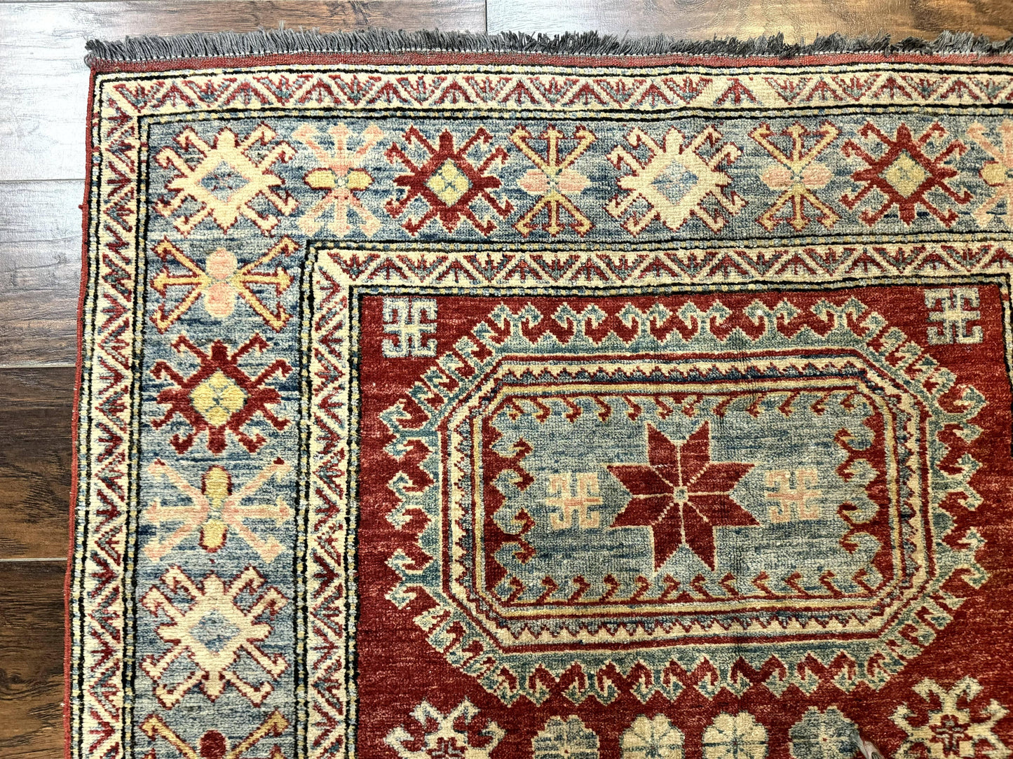 Turkish Kazak Rug 4x6, Handmade Vintage Wool Carpet, Geometric Design, Red and Light Blue