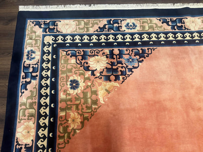 Chinese Wool Rug 11x18, Palace Sized Chinese Carpet, Peking Rug, Peach and Blue, Open Field, Simple Design, Art Deco Rug, Large Handmade Rug