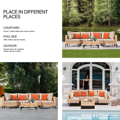 5 Piece Outdoor Patio Set Salmon Orange Wicker Sectional