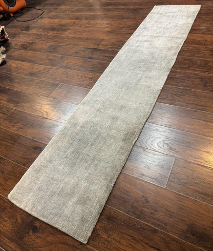 Modern Tibetan Runner Rug 1.9 x 8.6, Wool and Silk Highlights, Gray/Silver, Narrow Runner for Hallway or Kitchen