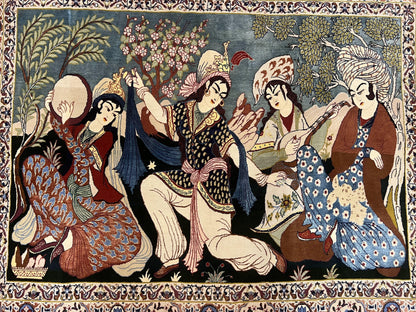 Persian Pictorial Rug 5 x 4 ft, Persian Isfahan Rug, Kork Wool on Silk Foundation, Signature from Master Weaver, Drums and Musical Instruments, Birds, Detailed