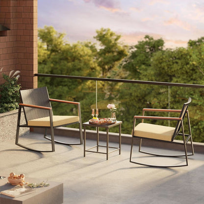 3 Piece Rocking Patio Bistro Set With Anti Scald Armrests Glass Table Cushions Outdoor Wicker Furniture