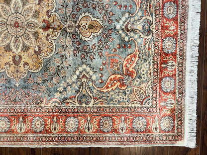 Silk Turkish Rug 5x7, Light Blue Silk Carpet, Floral Medallion, Turkish Kayseri Rug, Vintage Handmade Oriental Rug