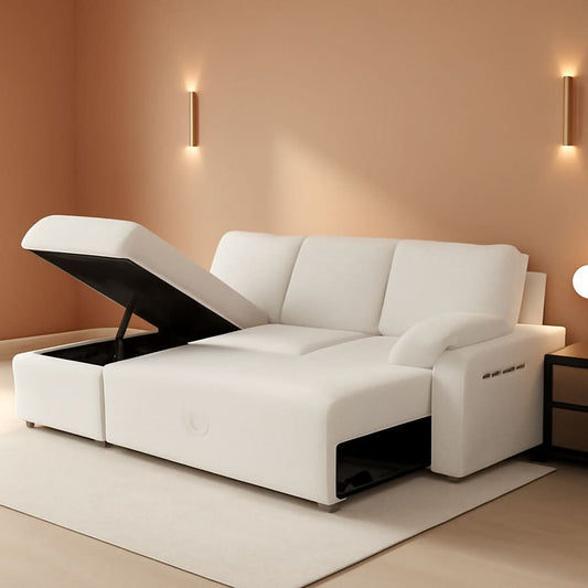 Sleeper Sofa Bed With Storage Chaise In White Boucle