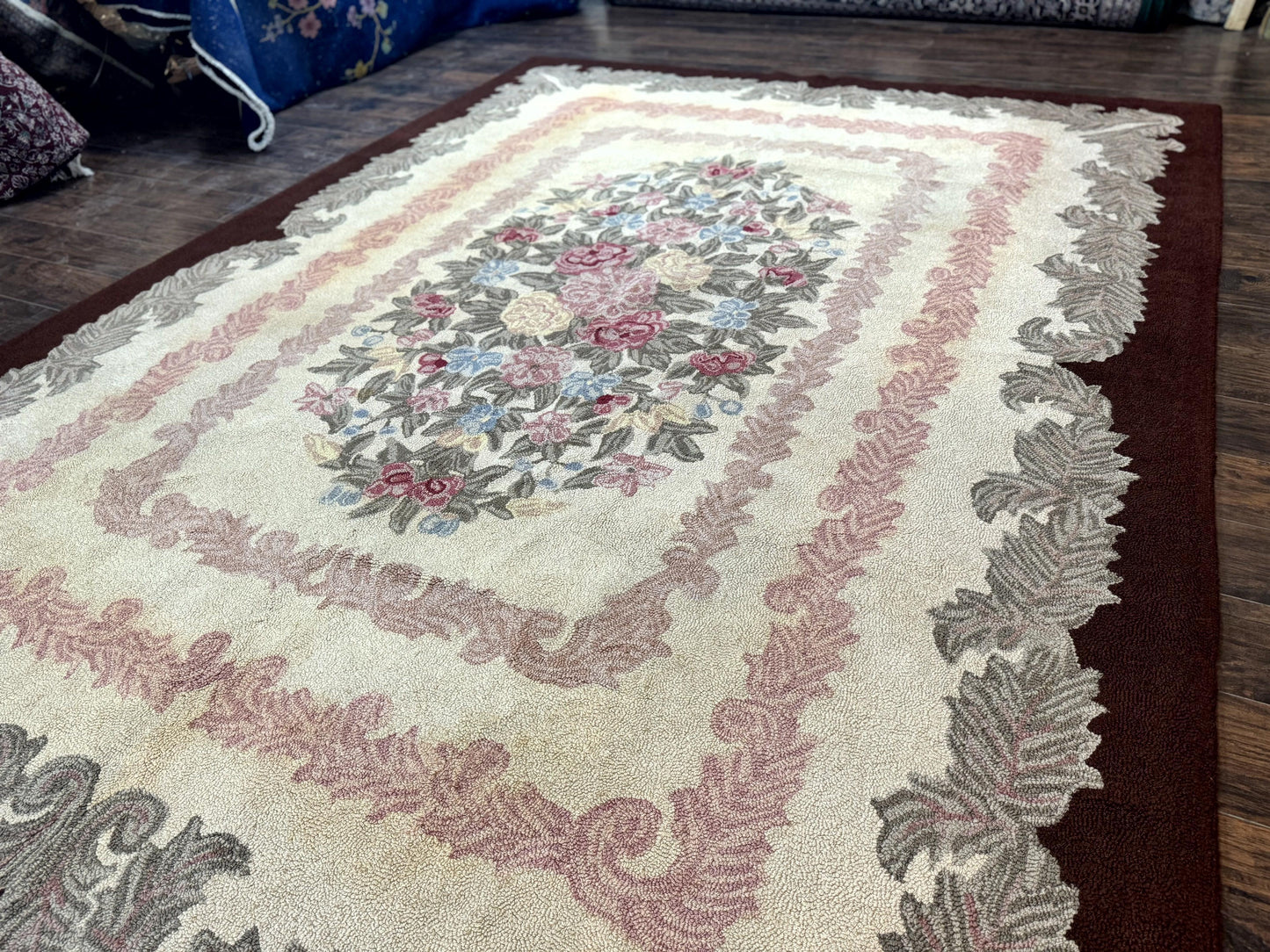 American Hand Hooked Rug 9x12, Vintage Aubusson Carpet, Wool
