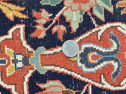Indo Persian Rug 7x10, Vintage Handmade Wool Carpet, Floral Medallion Traditional Rug, Red and Midnight Blue