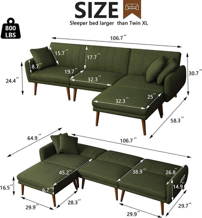 LShaped Linen Sleeper SofaBed With Reclining Backrest