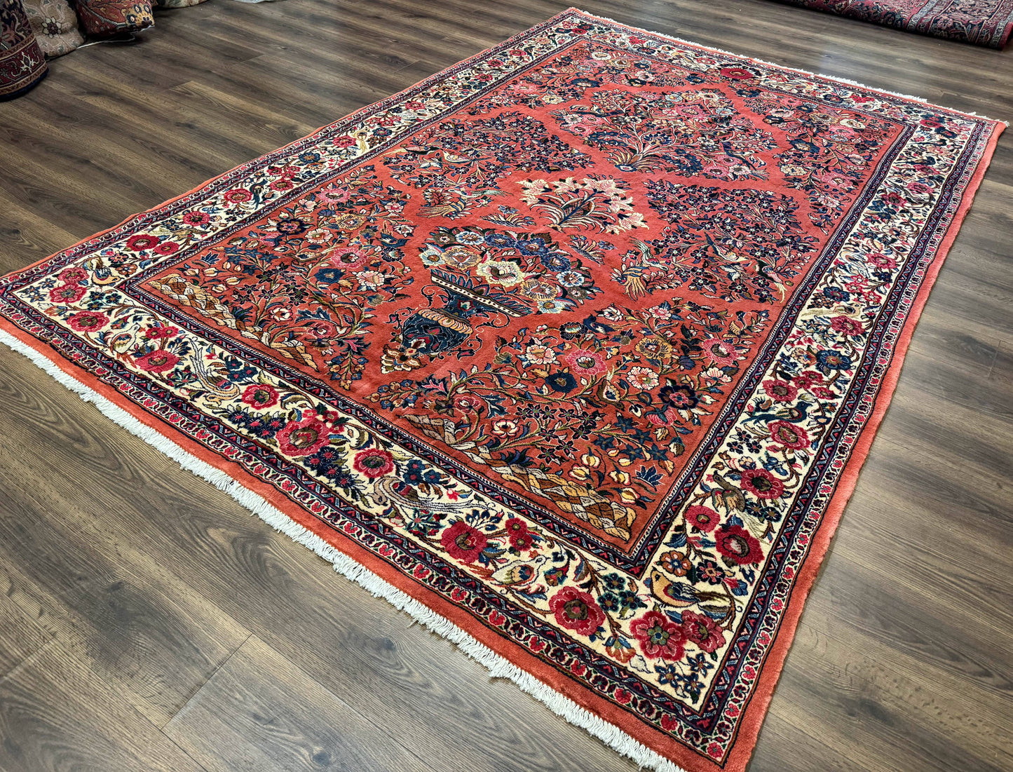 Persian Sarouk Rug 7x10, Red and Ivory, Floral Bouquets, Birds