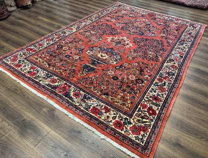 Persian Sarouk Rug 7x10, Red and Ivory, Floral Bouquets, Birds