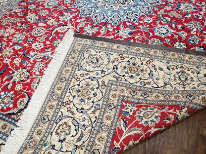 Persian Nain Rug 8x12, Red and Ivory, Signed
