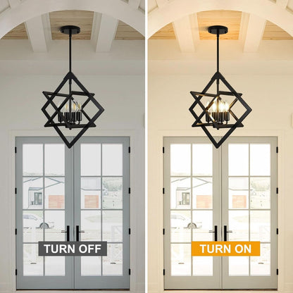 18 Inch Black Geometric Industrial Farmhouse Chandelier With 4 Lights Adjustable Height