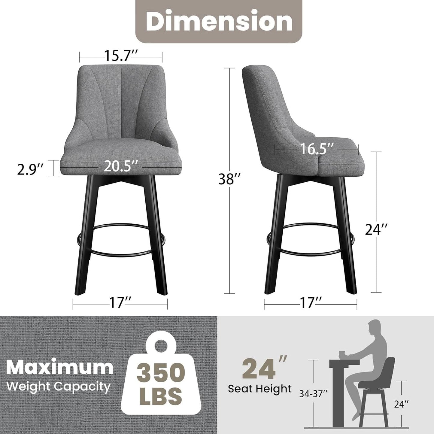 24 Inch Dark Gray Swivel Bar Stools With Backs Set Of 2