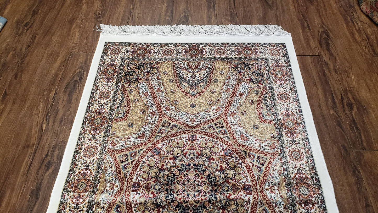 Persian Design Silk Accent Rug, Dome Medallion, Allover Pattern Oriental Carpet, Small Silk Rug, Cream, Ivory, Bamboo Silk, 2' 8" x 4' 1"