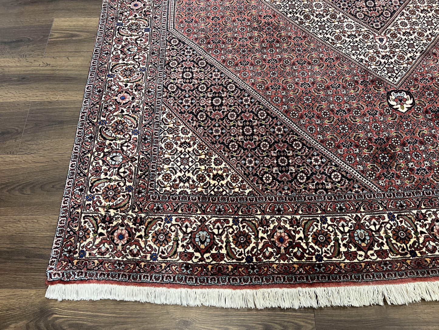 Wonderful Persian Bidjar Rug 7x8 ft, Almost Square Oriental Carpet, Herati Mahi, Highly Detailed, Ivory Red Navy Blue, Very Fine Handmade Bijar Rug