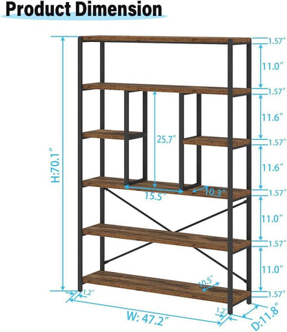 Rustic Industrial 6 Tier Bookcase Brown Wood Black Metal