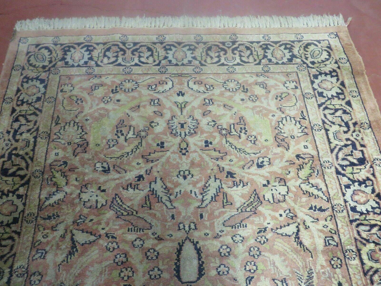 Indian Silk Rug 4x6, Indian Kashmiri Silk Carpet 4 x 6 ft, Vintage Hand Knotted Floral Bird Motifs, Light Pink and Navy Blue, Silk on Cotton