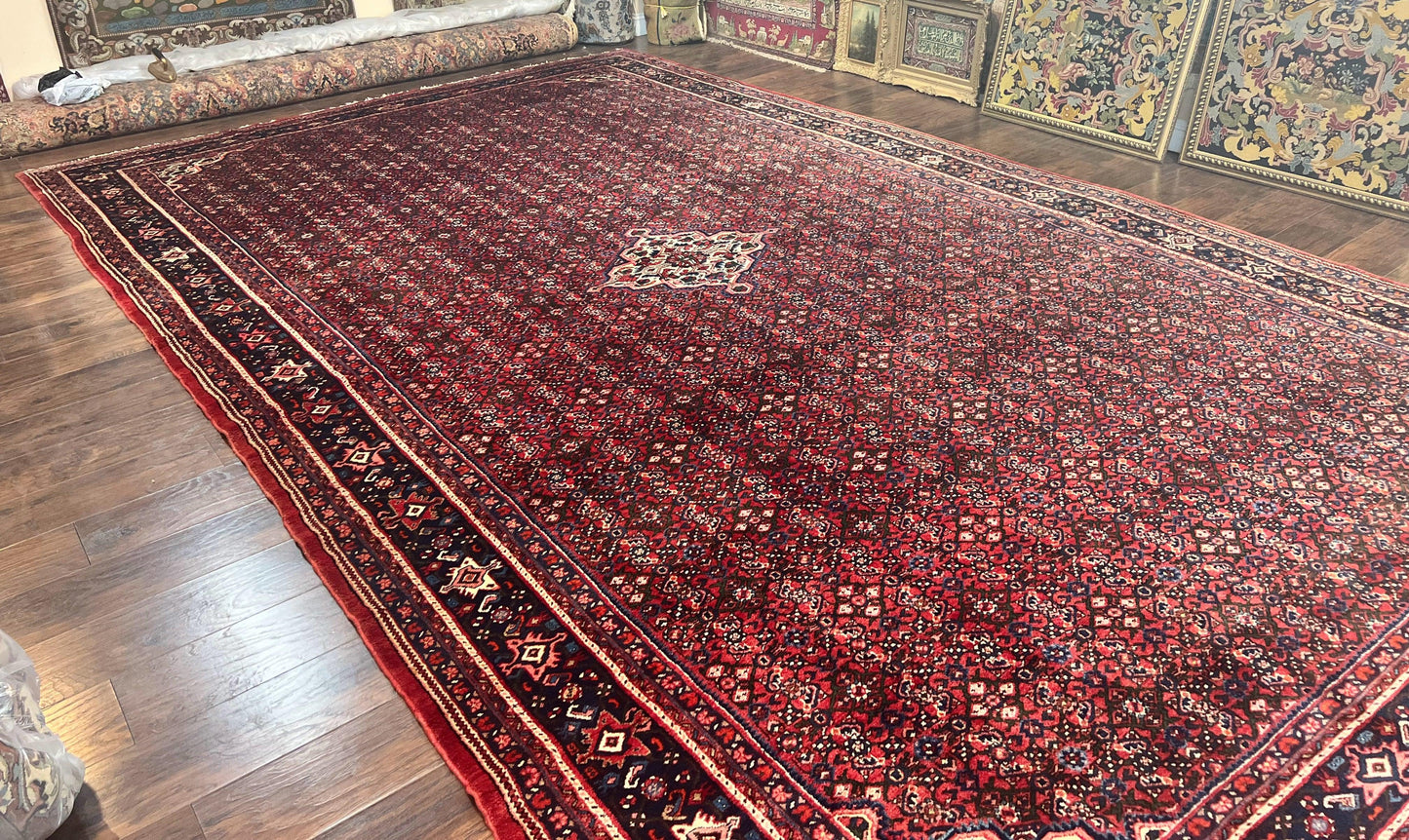 Large Persian Tribal Rug 11x17, Palace Sized Wool Handmade Vintage Carpet, Oversized Hand Knotted Rug, Red, Hamadan Dargazin Rug