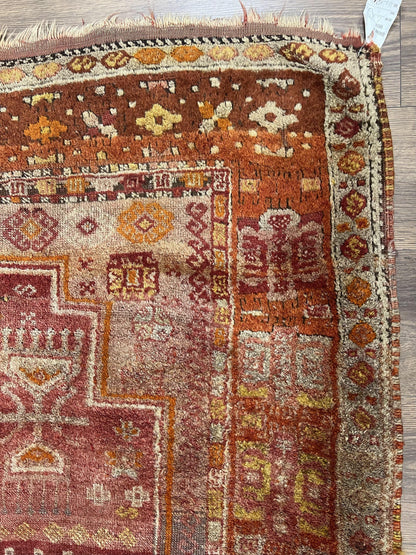 Antique Turkish Melas Rug 4x7, Tribal Geometric Unique Collectible Hand Knotted Wool Oriental Carpet, Rare 1920s Rug, Burnt Orange Red