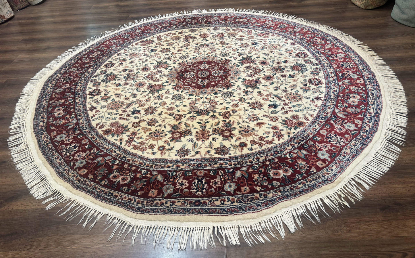 Round Sino Persian Rug 8x8, Wool and Silk, Floral Medallion, Ivory Dark Red