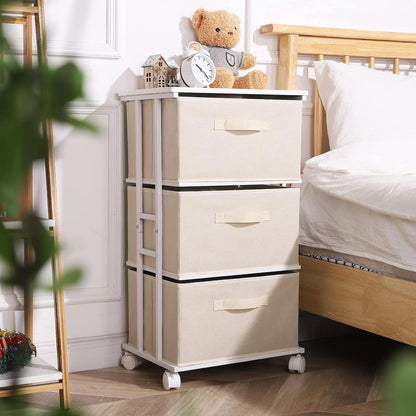 Beige Dresser Tower With 3 Drawers And Wood Top Fabric