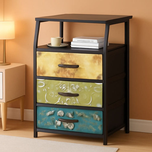 Retro Nightstand With 3 Drawers And 2 Tier Shelf Storage
