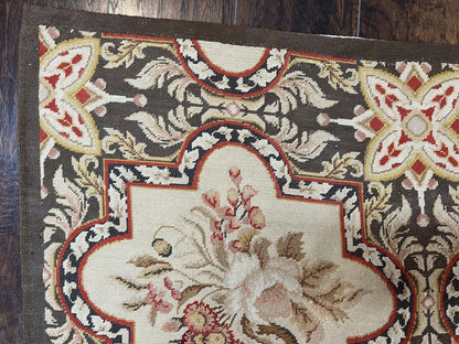Needlepoint Runner Rug 2.8 x 9.8, Brown and Beige, Handwoven Handmade Floral French European Design, Vintage Flatweave 10ft Wool Runner Rug