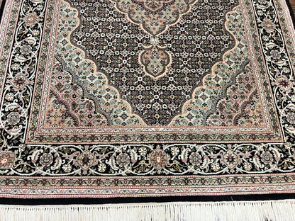 Sino Persian Rug 4x6, Fine Hand Knotted Carpet, Black, Wool, Vintage Rug 4 x 6, Herati Mahi, 300 KPSI