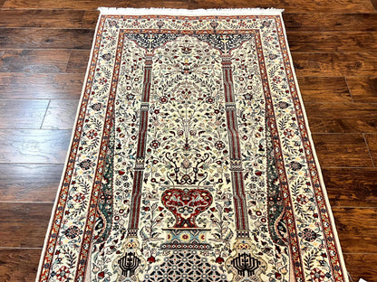 Pak Perisan Prayer Rug 4x6, Tree of LIfe Carpet, Handmade Vintage Wool Rug, Beige, Floral Vases